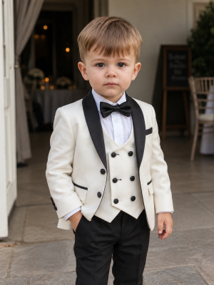 Baby Boys 5 Piece White/Black Tuxedo Suit Milano Mayfair