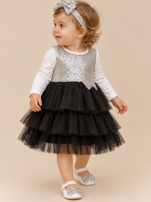 Girls Silver / Black Sparkle Dress