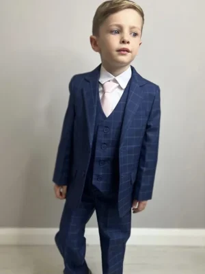 Boys 5 Piece Navy Check Suit