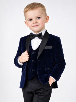 Baby Boys 5 Piece Navy Velvet Tuxedo Suit Milano Mayfair