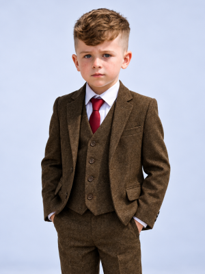 Baby Boys 5 Piece Dark Brown Tweed Suit