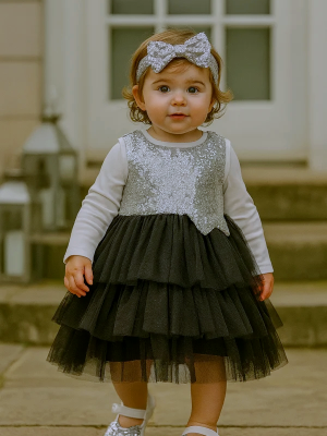 Girls Silver / Black Sparkle Dress