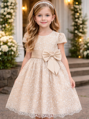 Girls Bella Champagne Stitching Dress