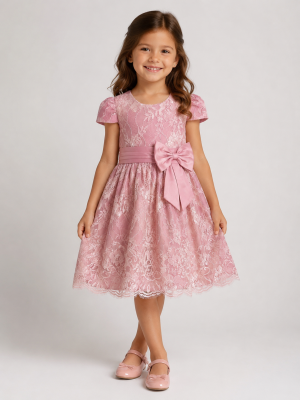 Girls Bella Dark Pink Stitching Dress