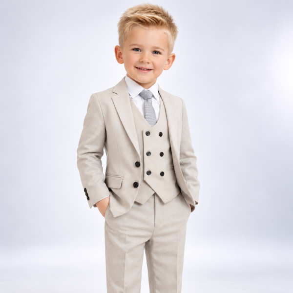 Smiling Boy in a Beige Three-Piece Suit