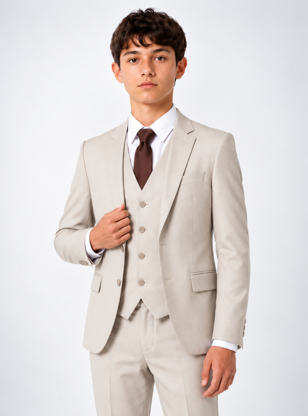 Teenage Boy in Beige Three-Piece Suit